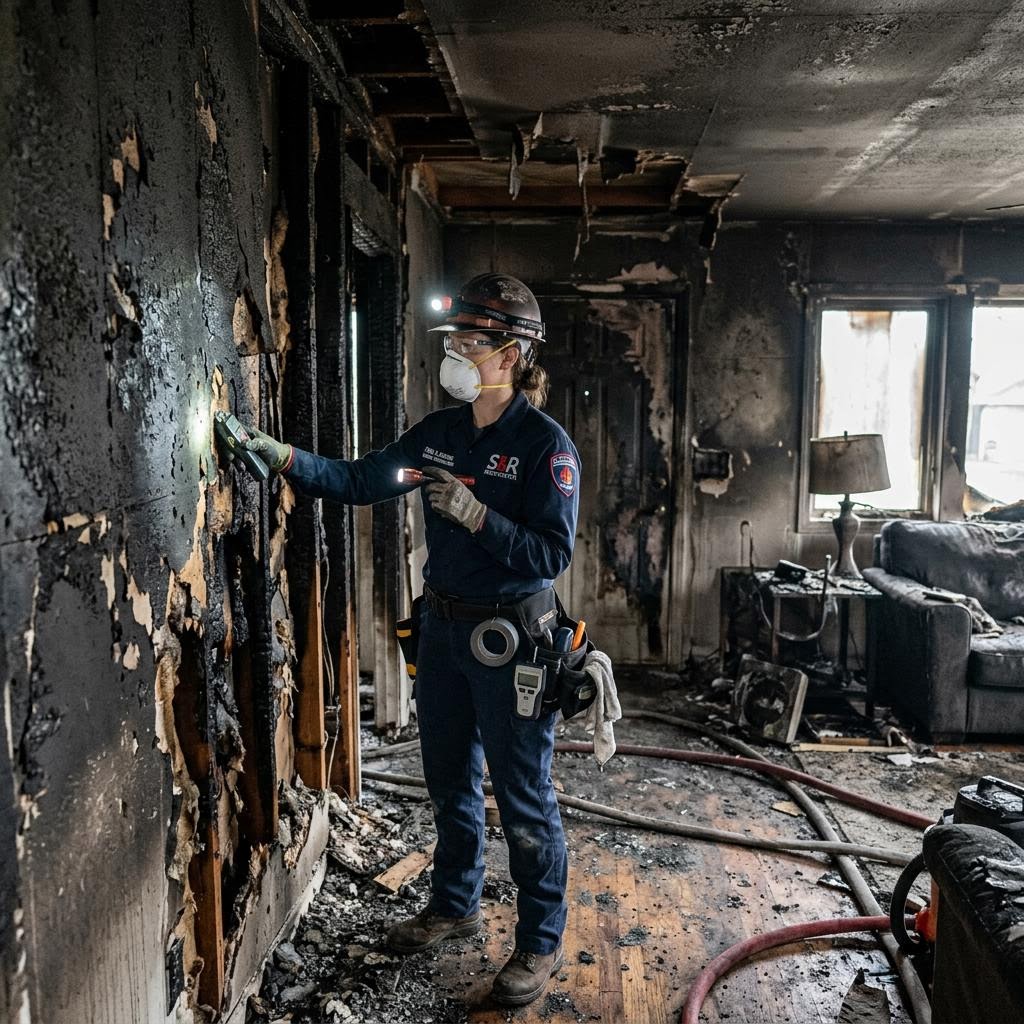 Fire damage restoration technician cleaning smoke and soot residue