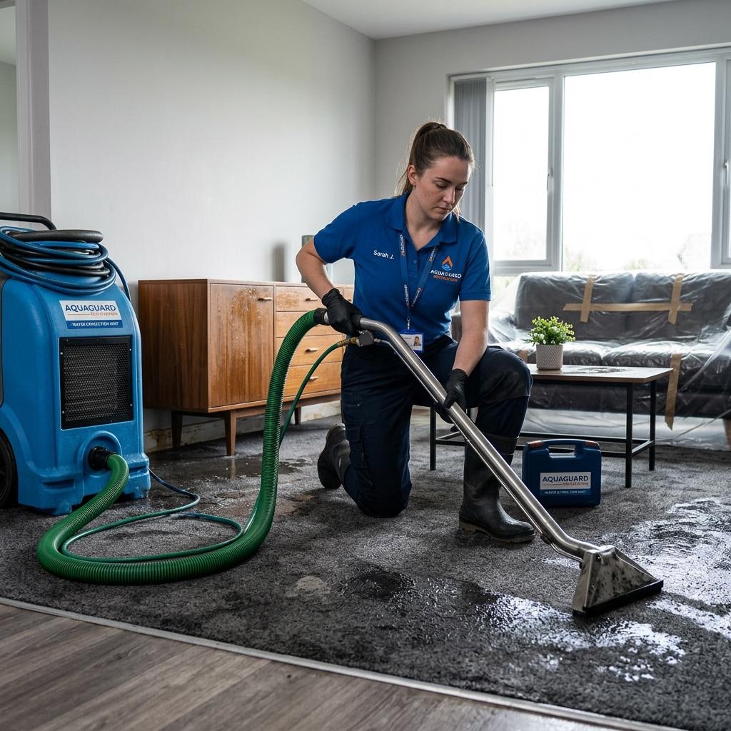 Restoration technician extracting standing water from a residential floor