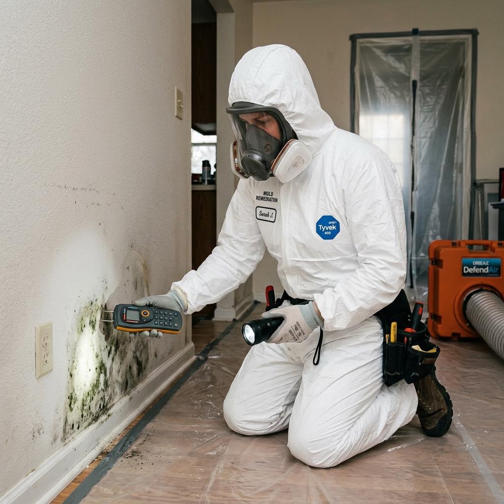 Mold remediation technician inspecting fungal growth behind a wall