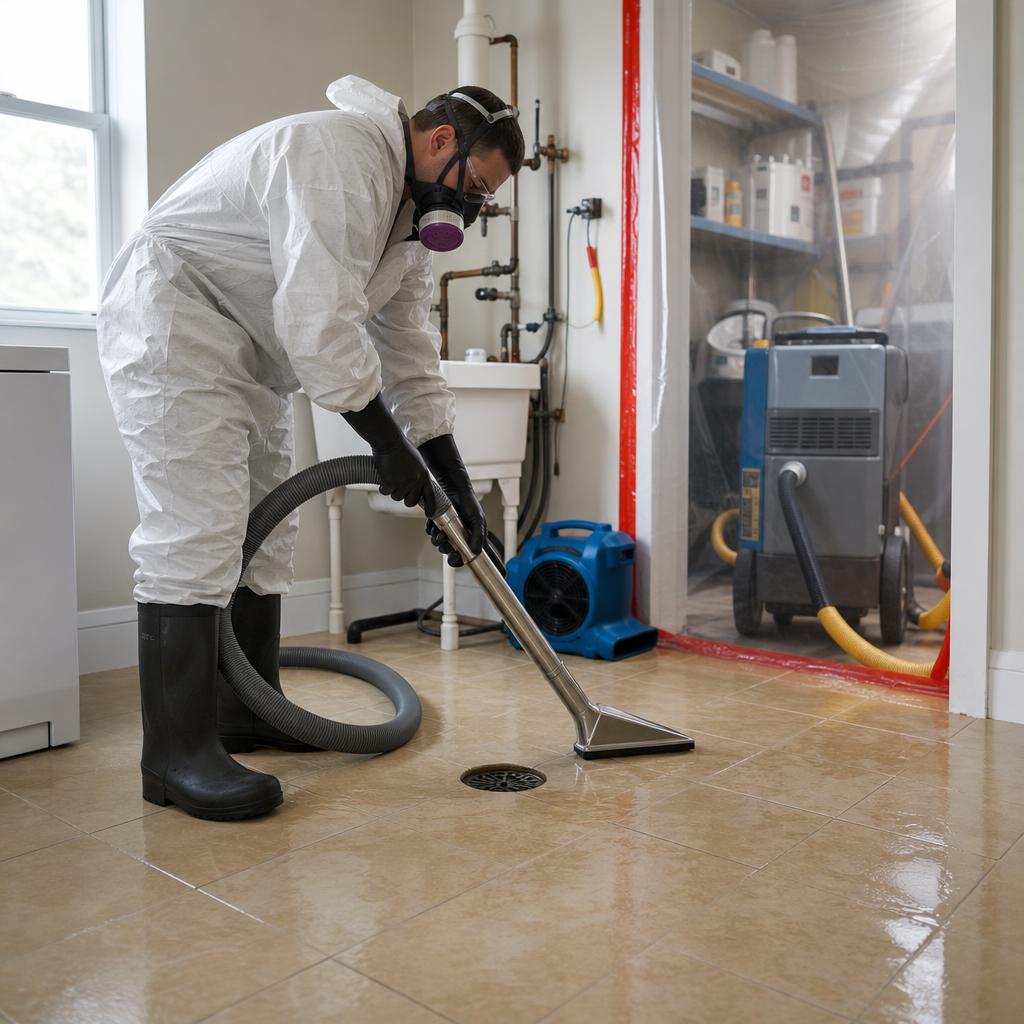 Protected sewage cleanup technician extracting contaminated water near a floor drain
