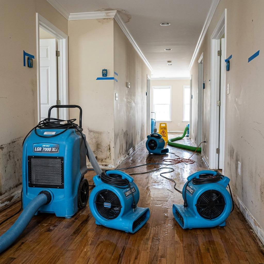 Commercial air movers and dehumidifiers drying a water-damaged interior