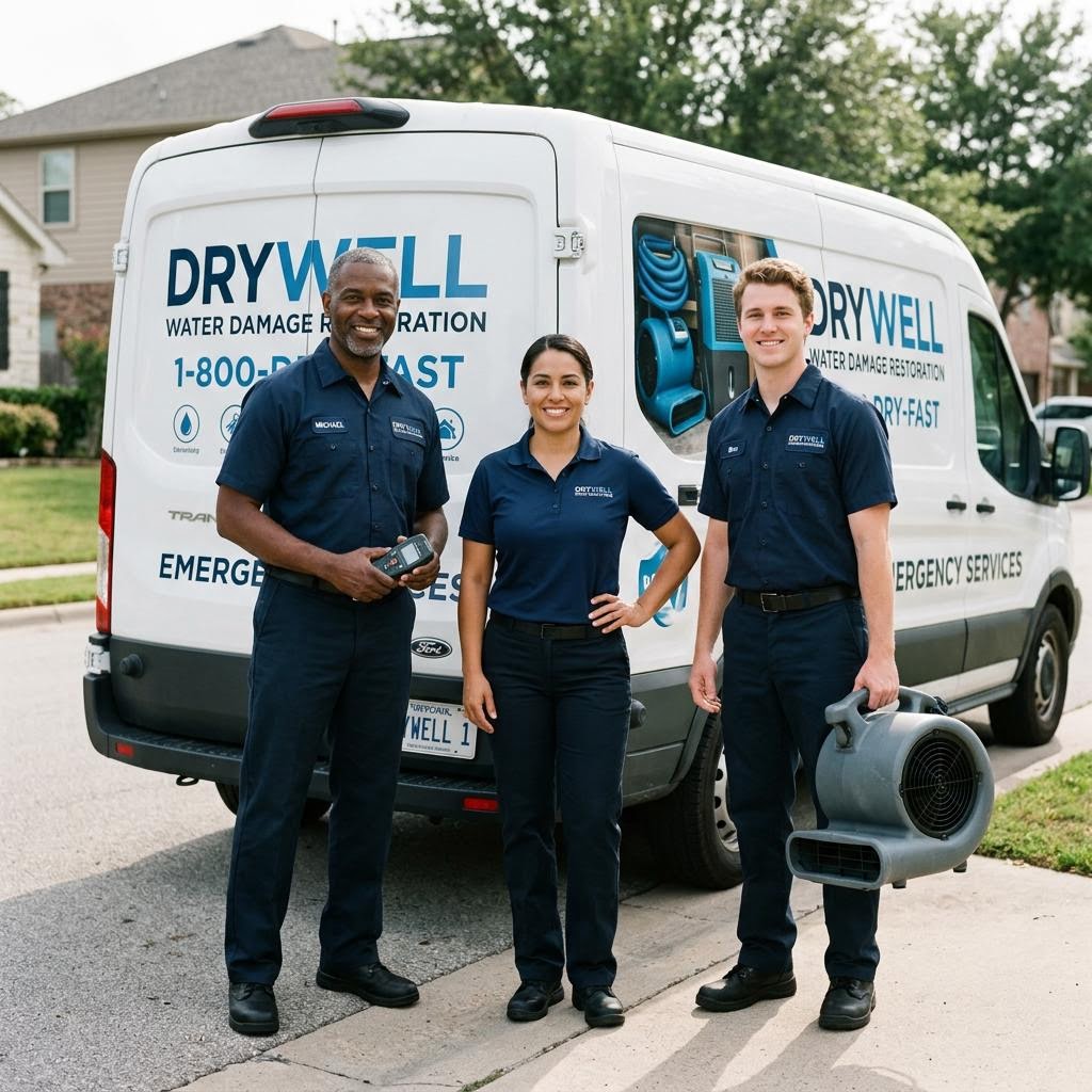 Missouri City restoration technicians standing beside a service vehicle